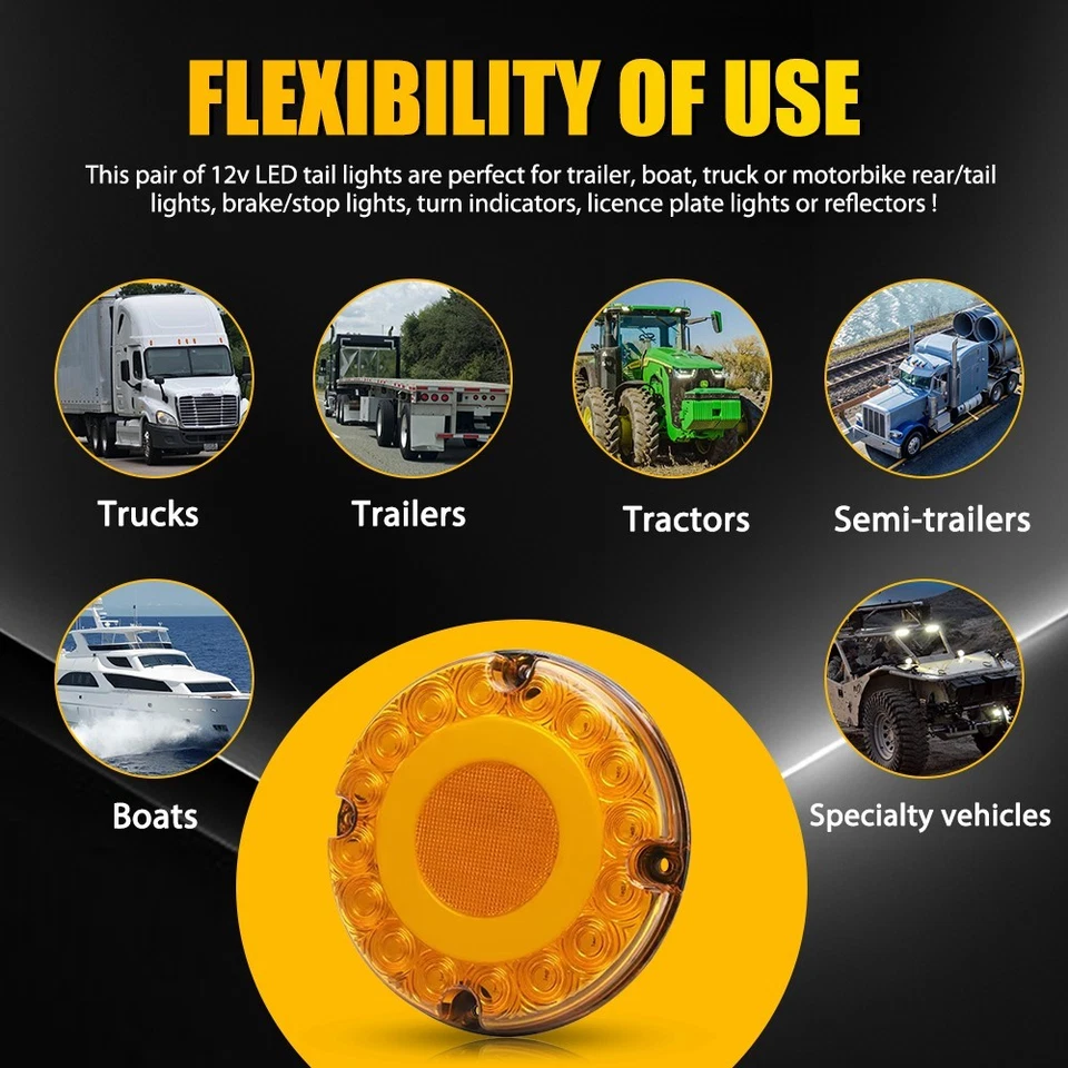 Luz trasera LED redonda amarilla ámbar para camión RV remolque parada de freno señal de giro 4 un. Foto 3 de 4