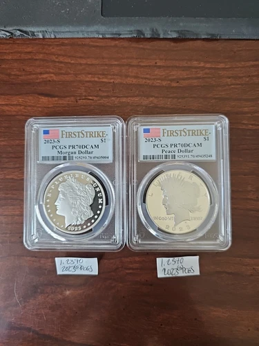 2023 S Morgan & Peace Silver Dollar Set Proof PCGS PR70 DCAM, FIRST STRIKE, Rare