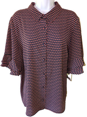 CECE NWT X-Large Navy/Peach Geometric Print Ruffle SS Button Front Crepe Blouse