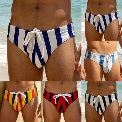 Slip de bain homme rayé taille basse poche bombée nylon élasthanne maillot de - Photo 1/4