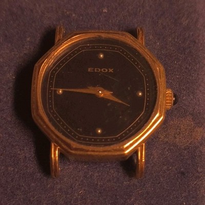 Edox Octagonal Gold Tone Black Dial Analog Dot Markers Wristwatch Unisex Adults