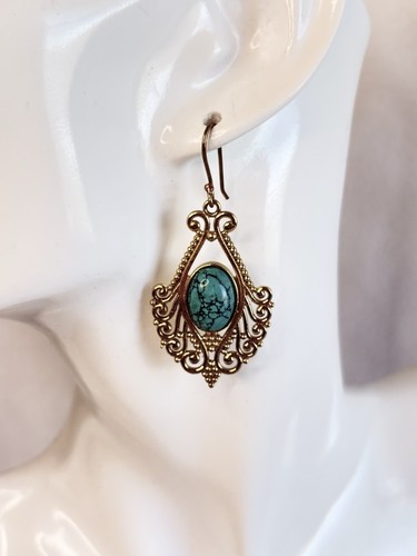 Ornate Green Turquoise Simulated Mixed Metal Dangle Earrings Copper & Brass 2” - Picture 2 of 3