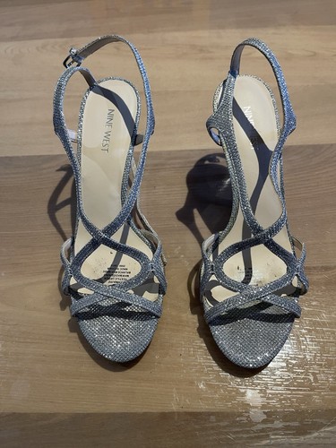 Nine West Silver Maire Heeled Sandals Ankle Strap Size 9