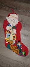Vtg Handmade Wool Needlepoint Stocking 3D Santa Claus Toys Red Velvet Backing