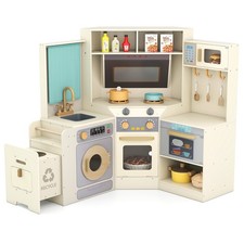 Corner Kitchen w/ Lights Sounds Interactive Wooden Playset for Ages 3 Beige