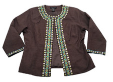 Vintage Silk Land Embroidered Brown 3/4 Sleeve Jacket Size M Boho Artsy Indie