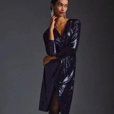 NWT Anthropologie Twist-Front Sequin Dress Navy size 4 Formal Wedding