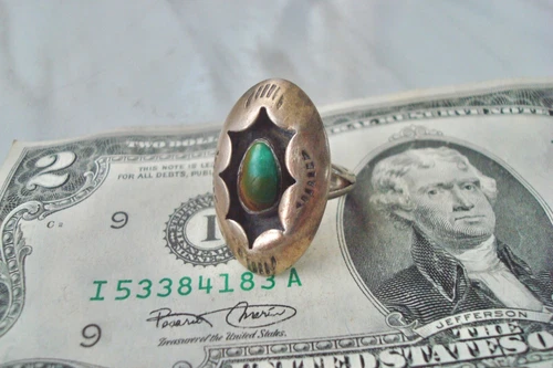 Vintage SHADOWBOX Navajo Native American Stamped Silver Turquoise RING Size 5.5