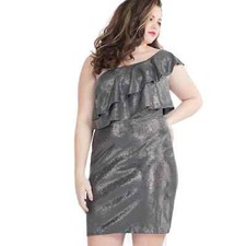 Women's Rachel Allan One Shoulder Mini Dress Gunmetal 16W Cocktail Formal