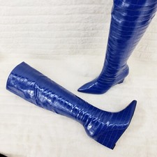 Deep Blue Reptile Texture Knee High Wedge Heel Boots Lexis