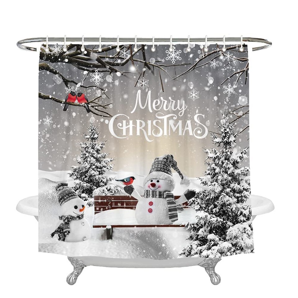 Merry Christmas Winter Snowman Shower Curtain Xmas Tree Cardinal Bird