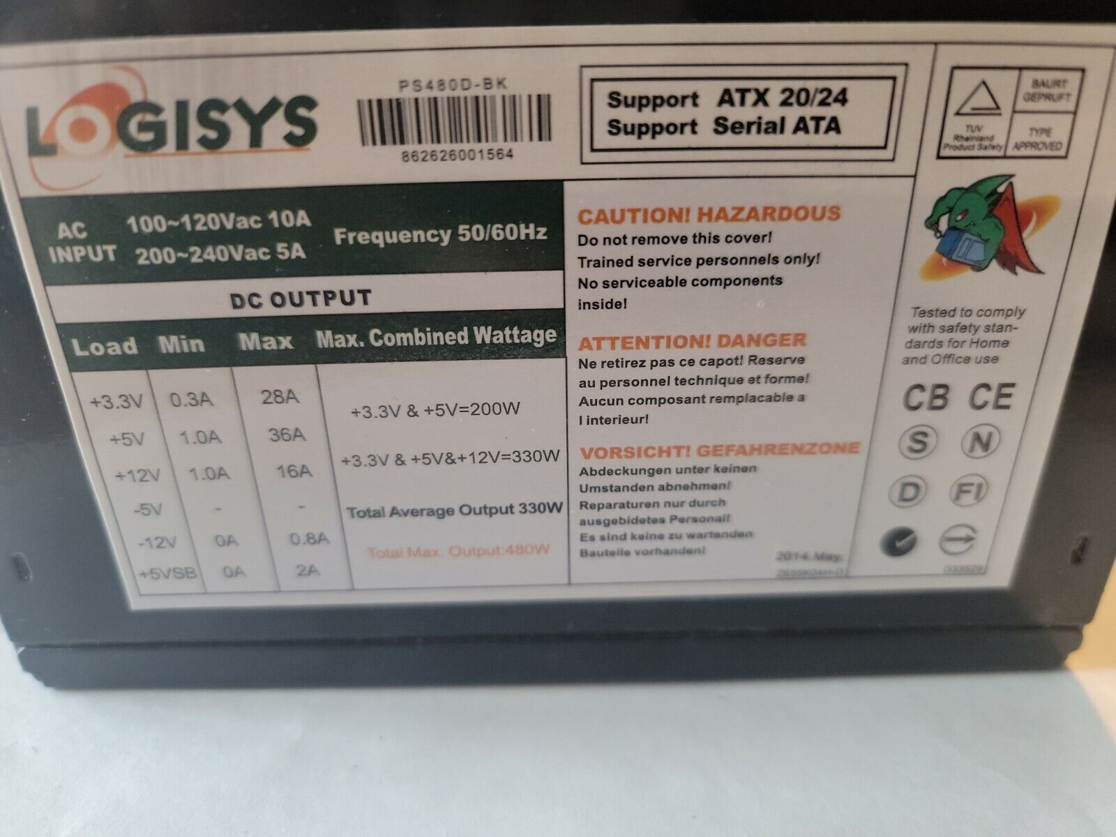 Logisys 480 Watt Power Supply PSU PS480D 20+4 Pin 480W