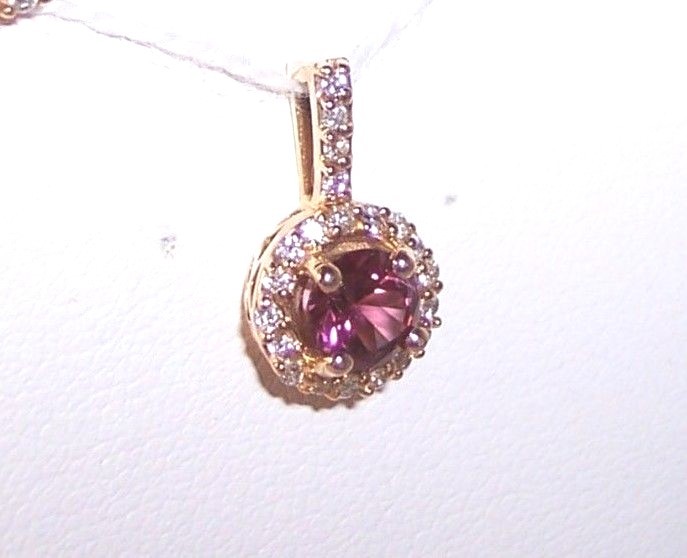 14k yellow gold pendant round 5mm raspberry rhodolite GARNET halo DIAMONDS G/SI1