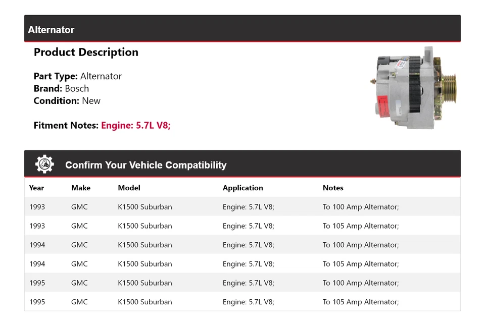 For 1993-1995 GMC K1500 Suburban 5.7L V8 Bosch Alternator (New) 1994 - Image 2 of 4