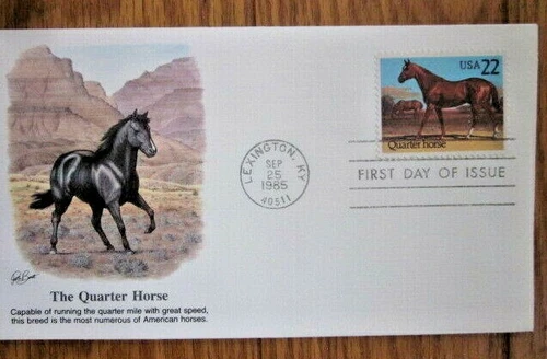 THE QUARTER HORSE - AMERICAN HORSES 1985 LEXINGTON KENTUCKY FLEETWOOD CACHET FDC