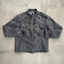 CHICO'S Platinum Denim Jacket Embroidered Beaded Paisley Front Zip Women Size 2