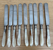 Antique William Hutton & Son EPNS Mother Of Pearl Twisted Handle Butter Knives 9