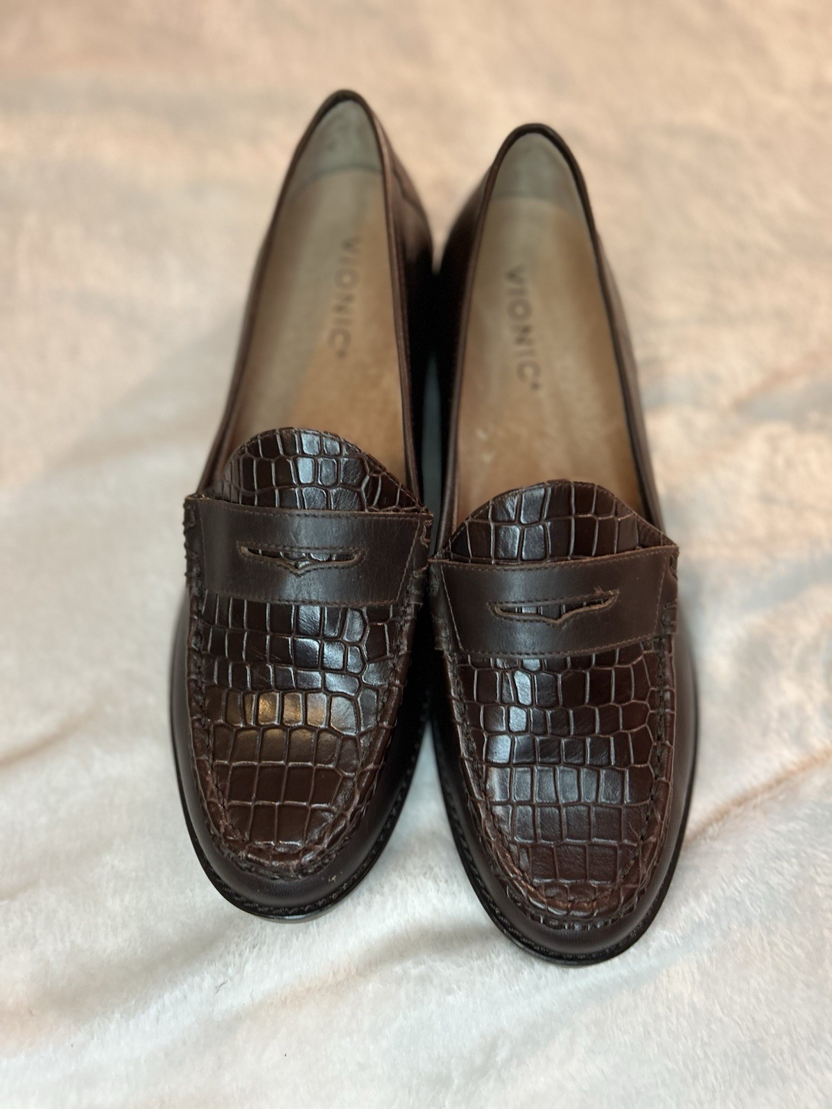 Vionic Waverly Croc Penny Loafers Shoes Womens Size 9 Brown Leather Orthotic