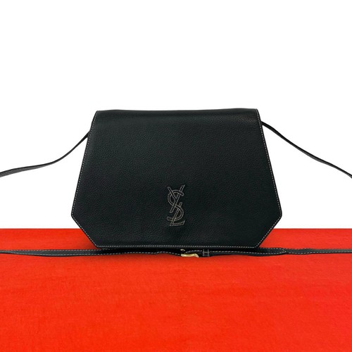 YVES SAINT LAURENT YSL logo stitching Shoulder Bag leather black 41-10
