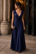 DVF Delancey Dress 100% Silk Navy Maxi Evening Gown Flutter Sleeve Size 0 EUC