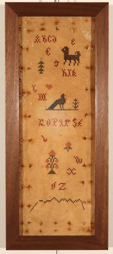 Antique Alphabet Needlework Sampler 1800s Needlepoint Animals Flowers Framed