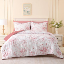 3 Piece Pink Queen Comforter Set Floral Bedding Comforter Sets, Soft Reversible