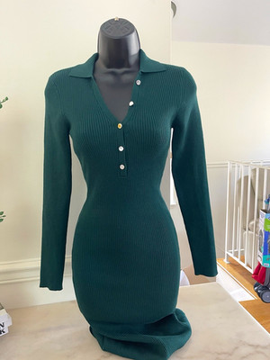 Women s XS Green Ribbed Knit Sweater Dress Collared Button Front Stretch Long