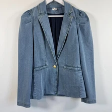 Elan Denim Blazer Puff Sleeve Jacket Women's Blue Cotton Long Sleeve Size S