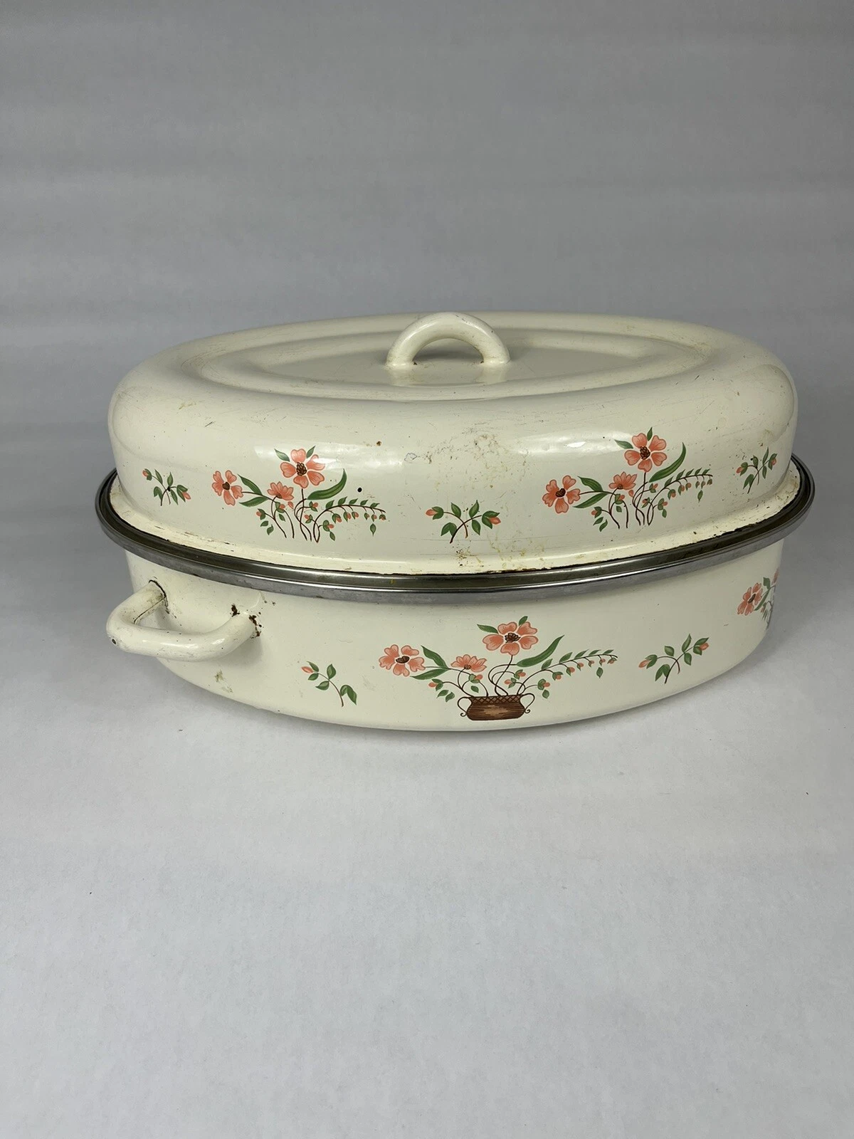 Vintage Enameled Roasting Pan Floral Design Roaster w/Lid 15”
