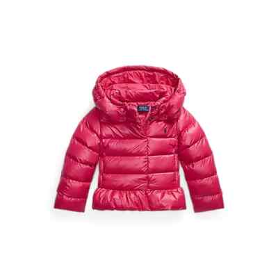$185 Ralph Lauren Girls SZ 2 Pink Water Repellent Down Peplum Hem puffer Jacket