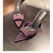 Womens Satin Pointed Open Toe Slipper Sandals High Stiletto Heel Rhinestone Sexy
