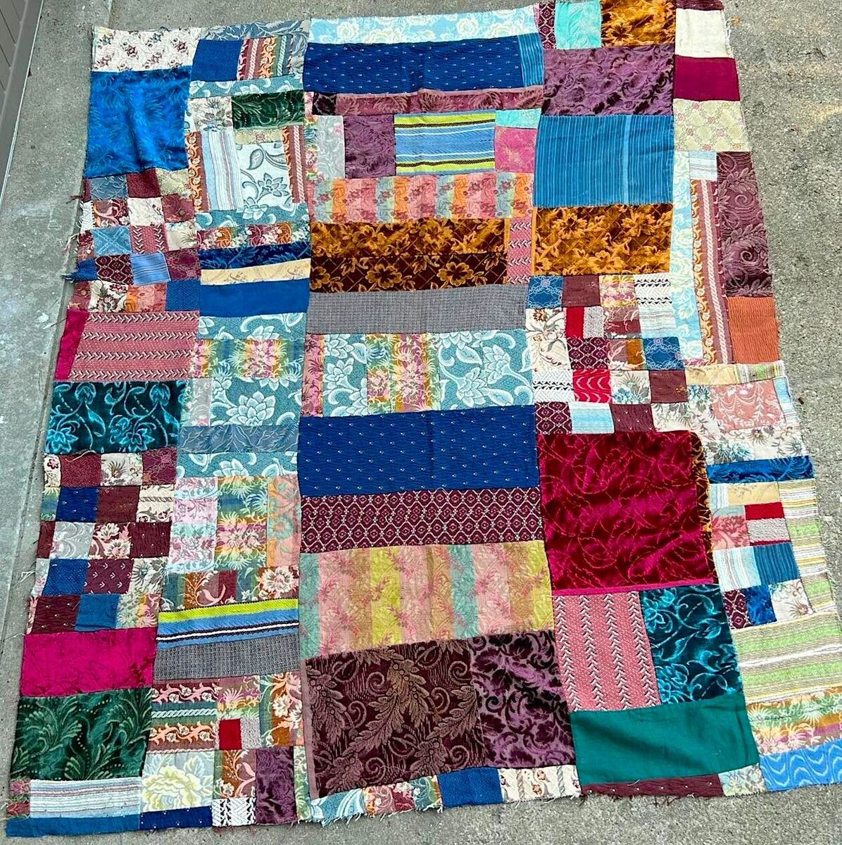 Vintage 70s Velvet Patchwork Hippie Boho Quilt Handmade Top Vintage 70s Velvet Patchwork Hippie Boho Quilt Handmade Top