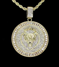 Mighty Lions Head Men's Iced CZ Round Pendant 24" Rope Chain 14k Gold Plated 