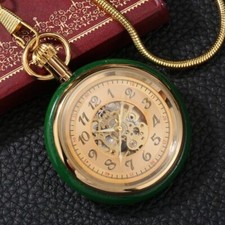 Men's Mechanical Pocket Watch Automatic Green Jade Case Fob Gold Snake Chain