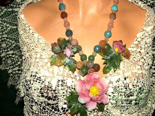 AMAZING ARTURO E.REYNA GLASS JADEITE FLOWERS NATURAL GEMSTONE BEADS BIB NECKLACE - Picture 6 of 9