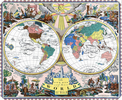 The New Map Of The World - Western Eastern Hemisphere 1928 Pictorial Map Poster