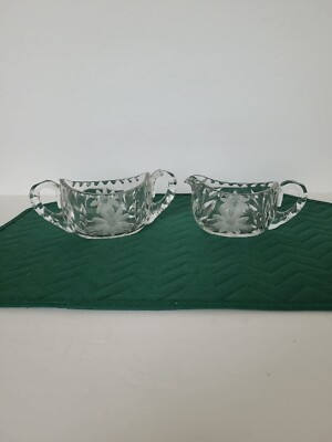 Vintage Cut Glass Crystal Clear Creamer and Sugar Bowl with Etched Flowers