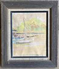 RARE Vintage Original Watercolor Painting Artist Signed Boat In Harbor Bay Lake