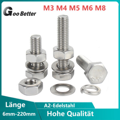 M3 M4 M5 M6 M8 Sechskantschrauben mit Muttern + Unterlegscheiben Edelstahl A2