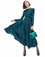New Gabriela Hearst Hermina Long-Sleeve Pleated Silk Green maxi Dress Size 38