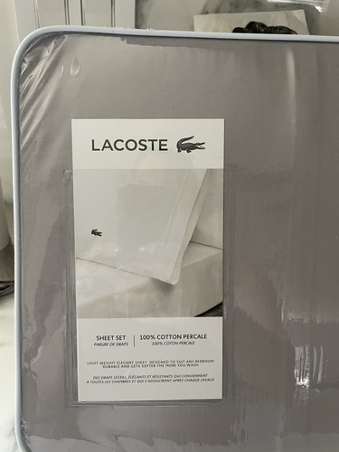 Lacoste 100% Cotton Percale Solid, King Sheet Set Sleet. Brand New! - Picture 2 of 5