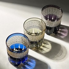 Whisky Glass Tumbler Japanese Style Edo Kiriko Glass Hand Cut To Clear 9oz Blue