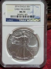 2014 W BURNISHED American SILVER Eagle NGC MS70 EARLY RELEASES BLUE LABEL