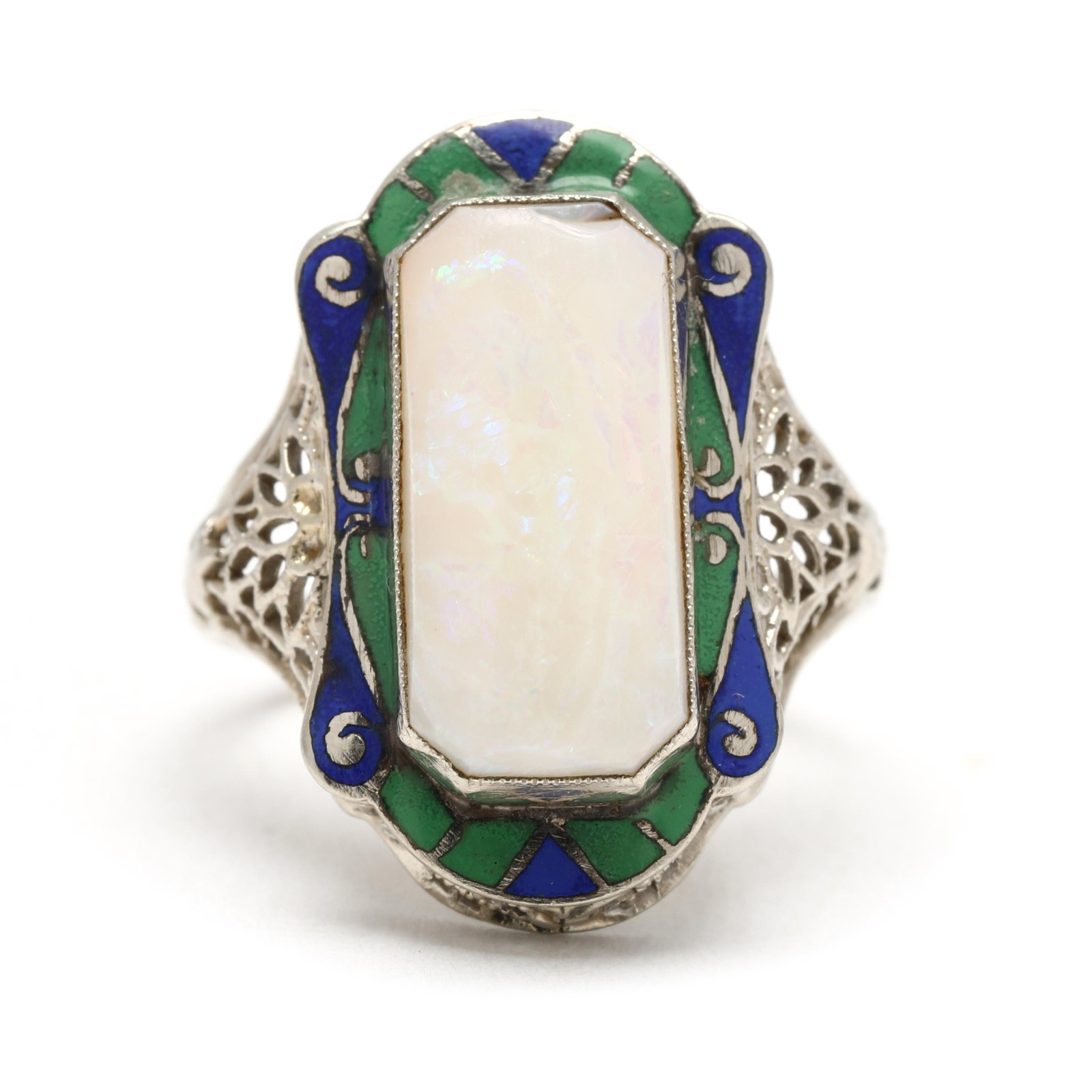 Art Deco Large Opal Rectangular Ring, 14k White G… - image 1