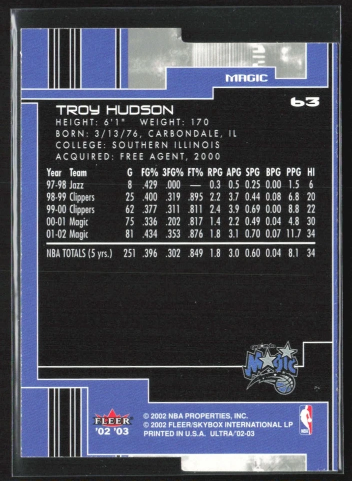 Troy Hudson 2002-03 Fleer Ultra Gold Medallion #63 Orlando Magic - Image 2 of 2