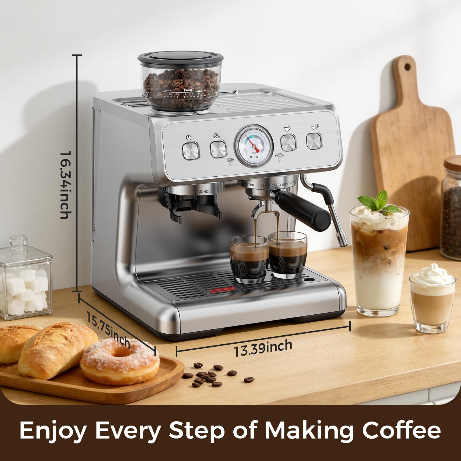 Electactic 15 Bar Espresso Machine with Grinder & Milk Frother, 58mm Expresso alternate view 3