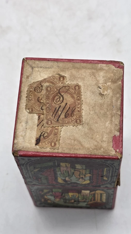 Antigua caja de té oriental de papel, tablero con rev. interno Estampillas de 1 céntimo c. 1868 Foto 2 de 4