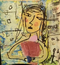  SMALL ABSTRACT  EXPRESSIONISM ORIGINAL LADY PORTRAIT FLAT CANVAS PAINTING 