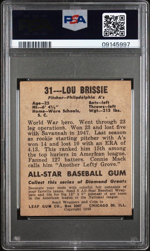 🔥⚾ 1948 Leaf #31 Lou Brissie RC – PSA 4 VG-EX Rookie Vintage Phillies Card 🔥 - Picture 2 of 3