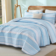 Quilt Queen Size Blue, 3 Pieces Boho Striped Bedspread Bedding for Queen Size Be